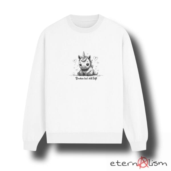 Ghostcore Graphic "Broken But Still Soft" Unicorn Sweater - Image 2